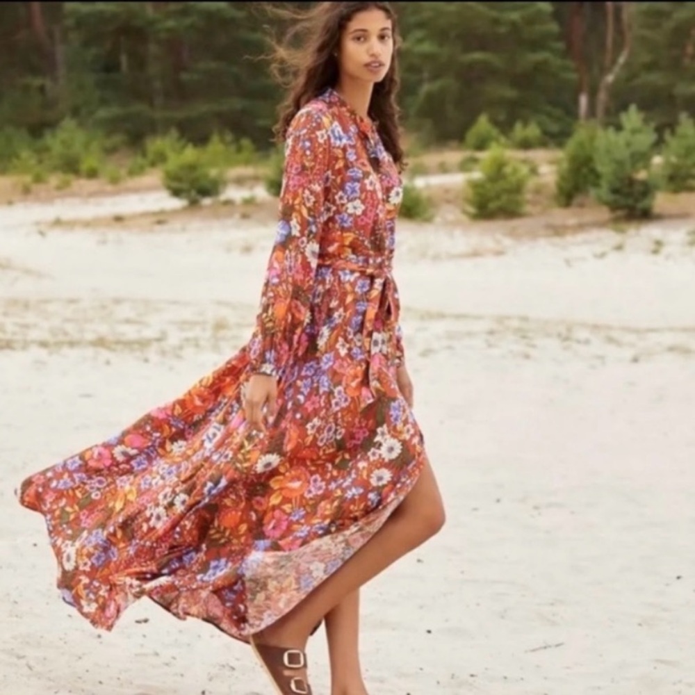 New Anthropologie Vale Maxi Floral Retro Belted Shirt Dress Orange Autumn Fall S - Picture 6 of 9
